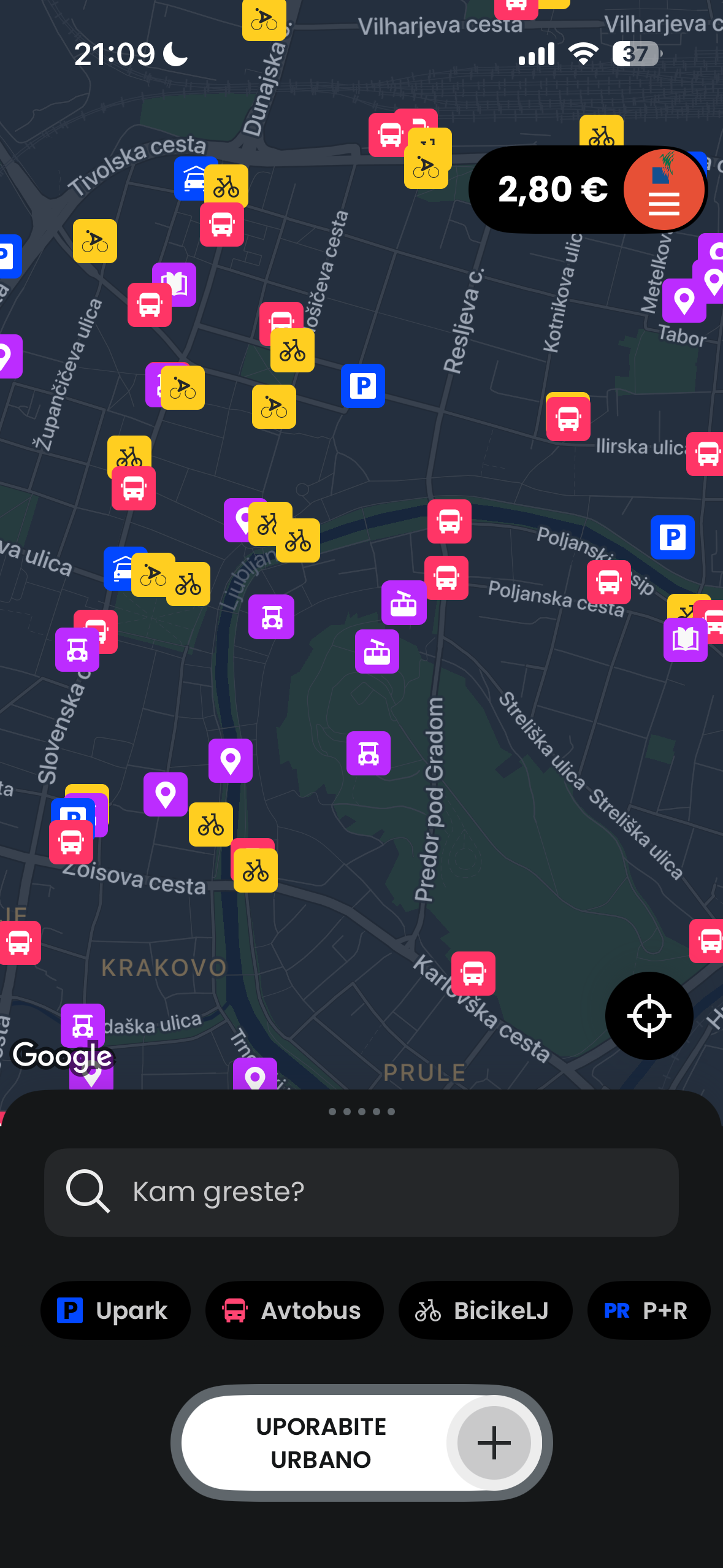 Posnetek zaslona aplikacije Urbana — zemljevid z zavihki Upark, Avtobus, BicikeLJ in P+R